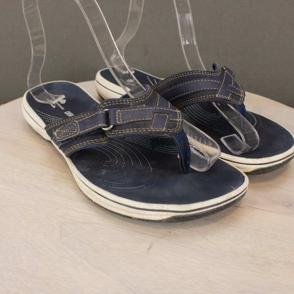 Clarks Comfort Sandals Womens 7 Navy Blue Leather Adjustable - Picture 2 of 9